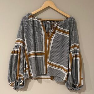 Aakaa Mustard, Black & White Geometric Peasant Blouse